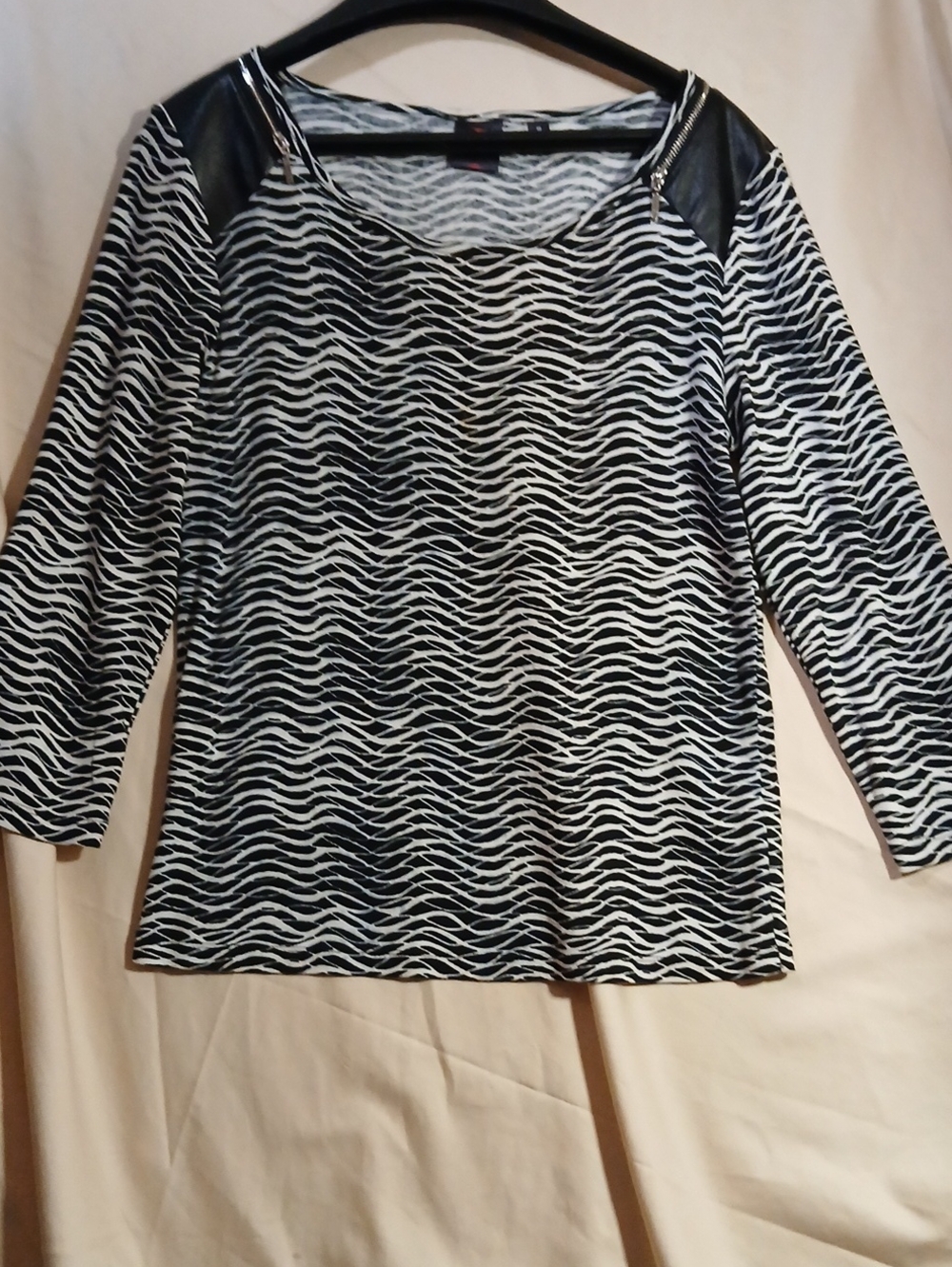 Rafaella Black & White Wave-Print Long Sleeve Top with Faux Leather Shoulders